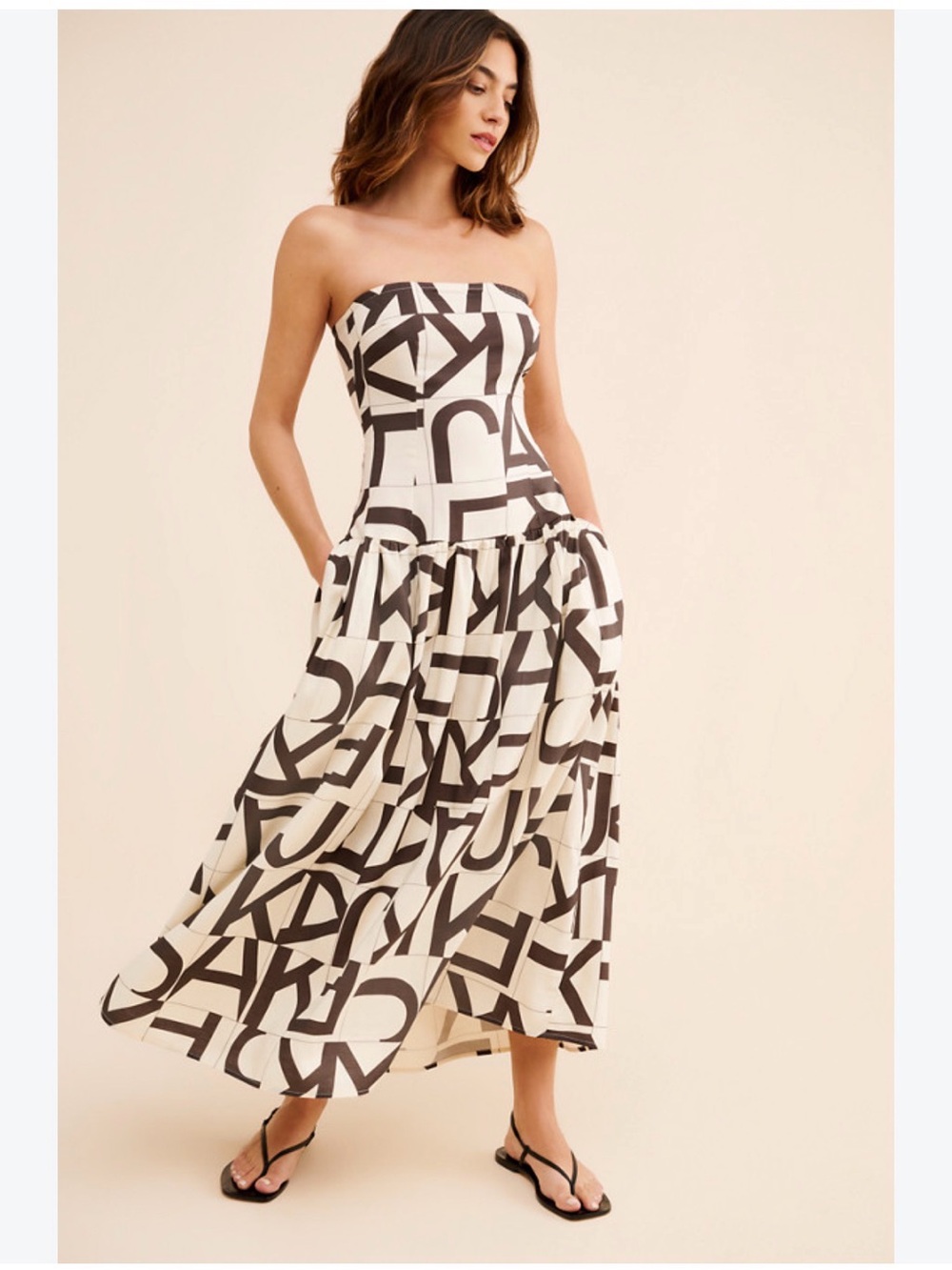Strapless Cream & Black Graphic Midi Dress